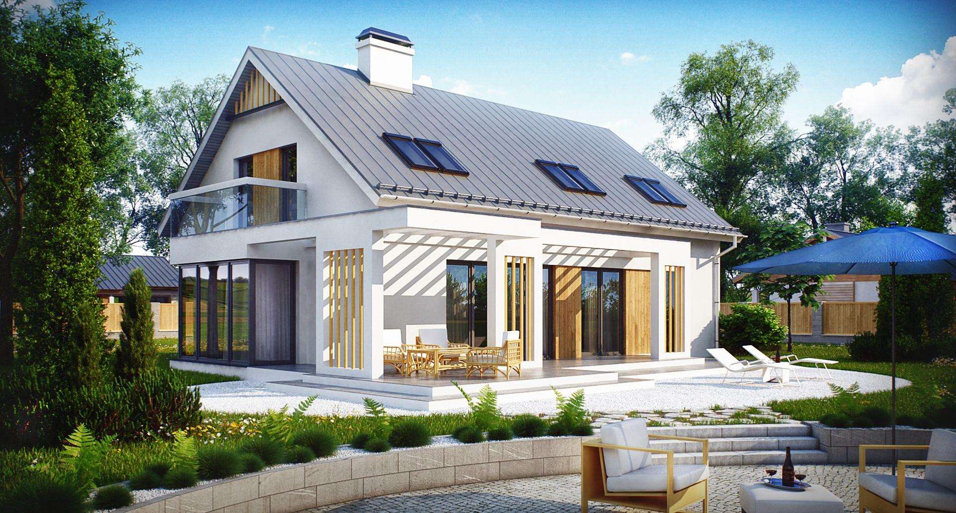 Fatada Casă cu mansardă 144 mp utili, un dormitor, 4 băi