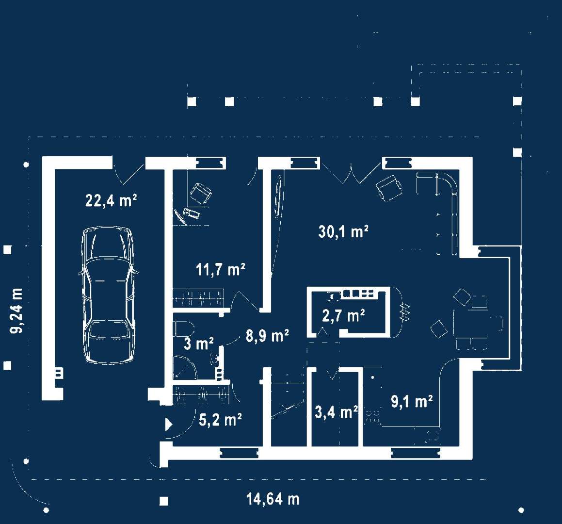 Plan parter Casă cu mansardă 144 mp utili, un dormitor, 4 băi