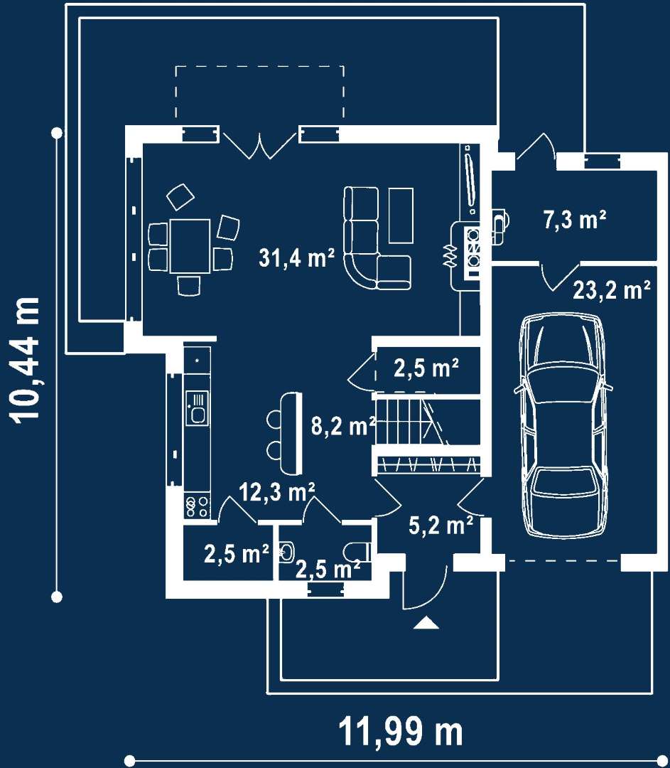 Plan parter Casă cu mansardă 129 mp utili, un dormitor, 2 băi