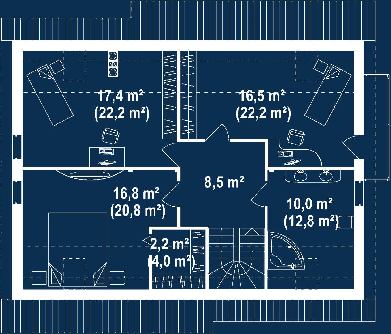Plan mansardă Casă cu mansardă 136 mp utili, un dormitor, o baie