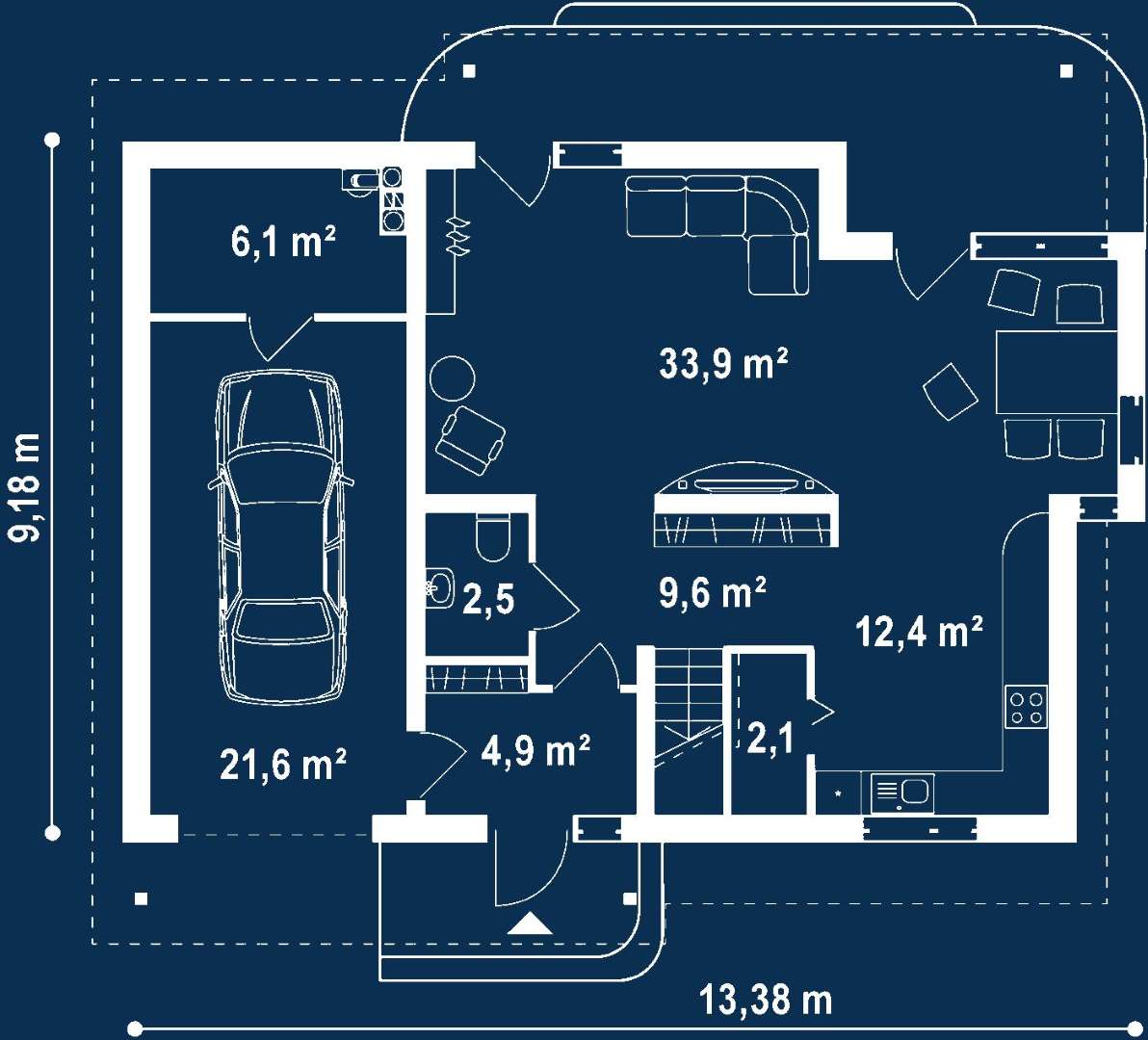 Plan parter Casă cu mansardă 136 mp utili, un dormitor, o baie