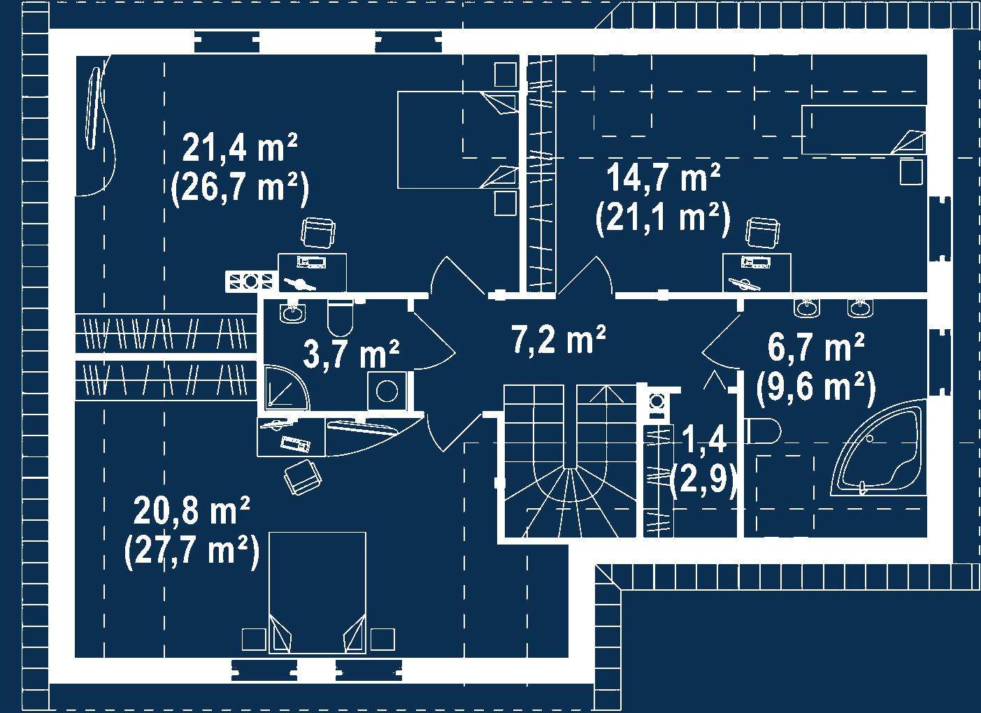 Plan mansardă Casă cu mansardă 144 mp utili, un dormitor, 2 băi