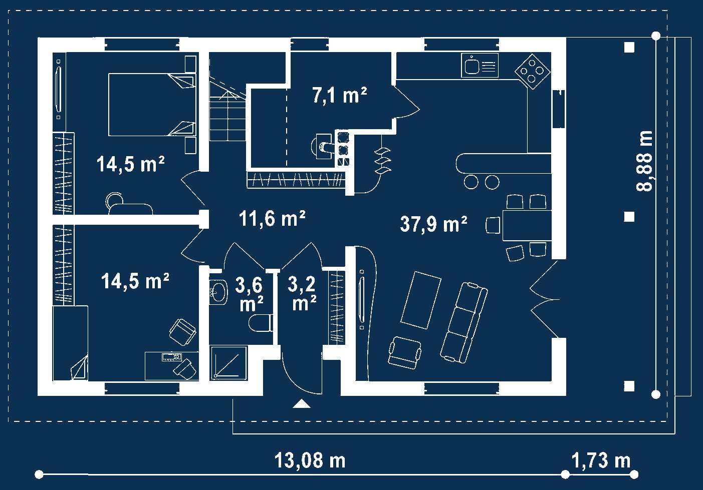 Plan parter Casă cu mansardă 130 mp utili, 2 dormitoare, 2 băi
