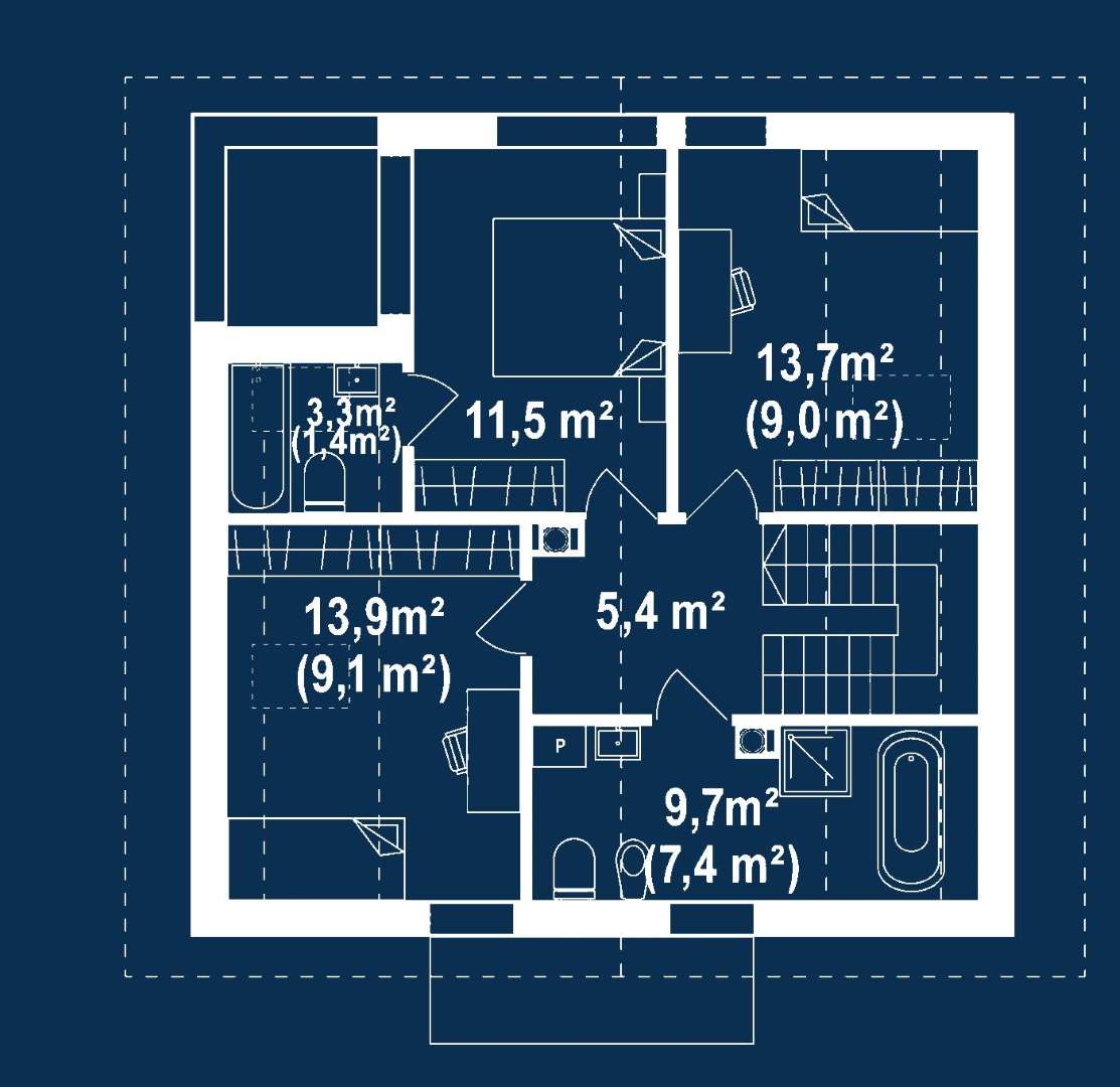 Plan mansardă Casă cu mansardă 100 mp utili, un dormitor, 2 băi