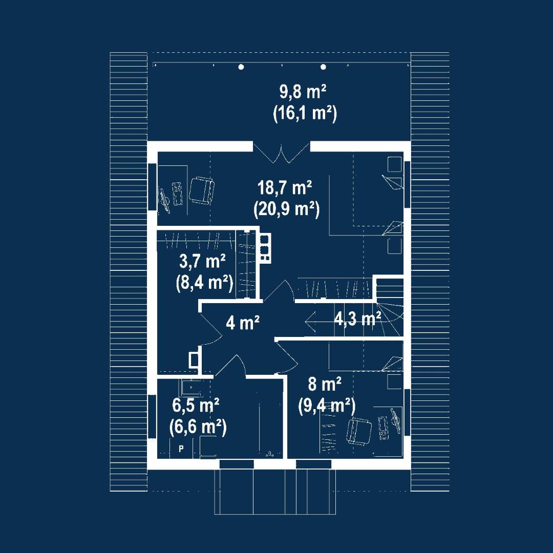 Plan mansardă Casă cu mansardă 85 mp utili, un dormitor, 2 băi