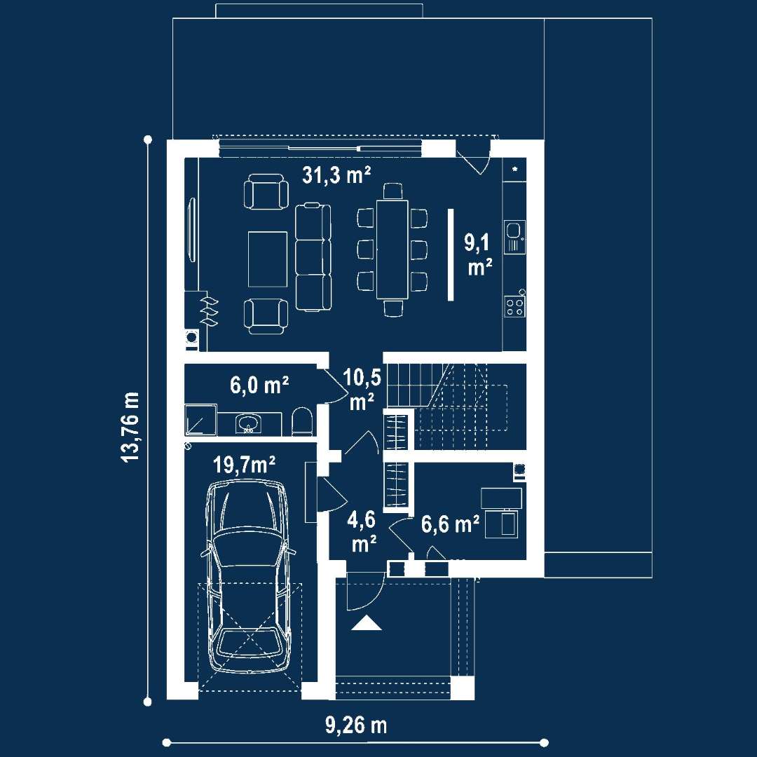 Plan parter Casă cu mansardă 125 mp utili, un dormitor, 3 băi
