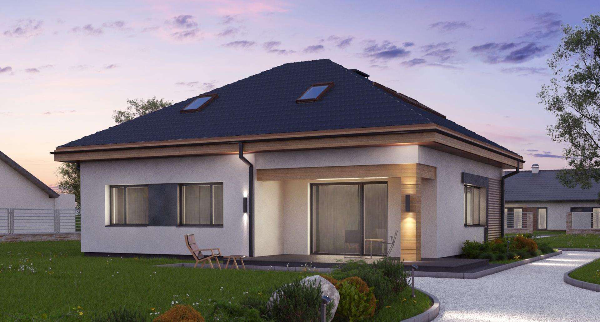 Fatada Casă cu mansardă 132 mp utili, 2 dormitoare, 3 băi