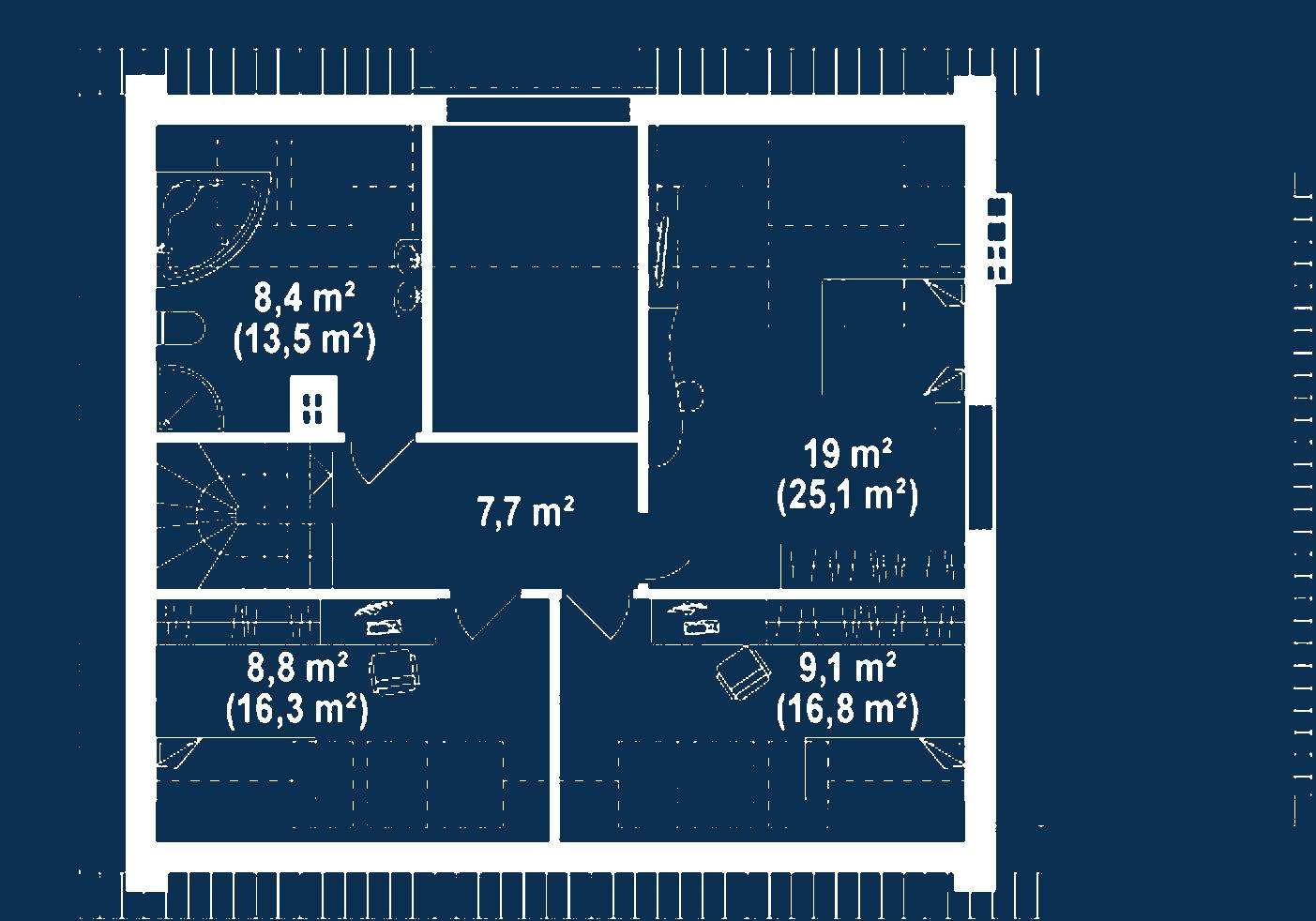 Plan mansardă Casă cu mansardă 145 mp utili, un dormitor, 2 băi
