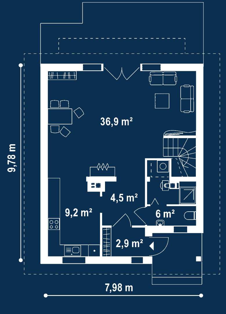 Plan parter Casă cu mansardă 105 mp utili, un dormitor, o baie